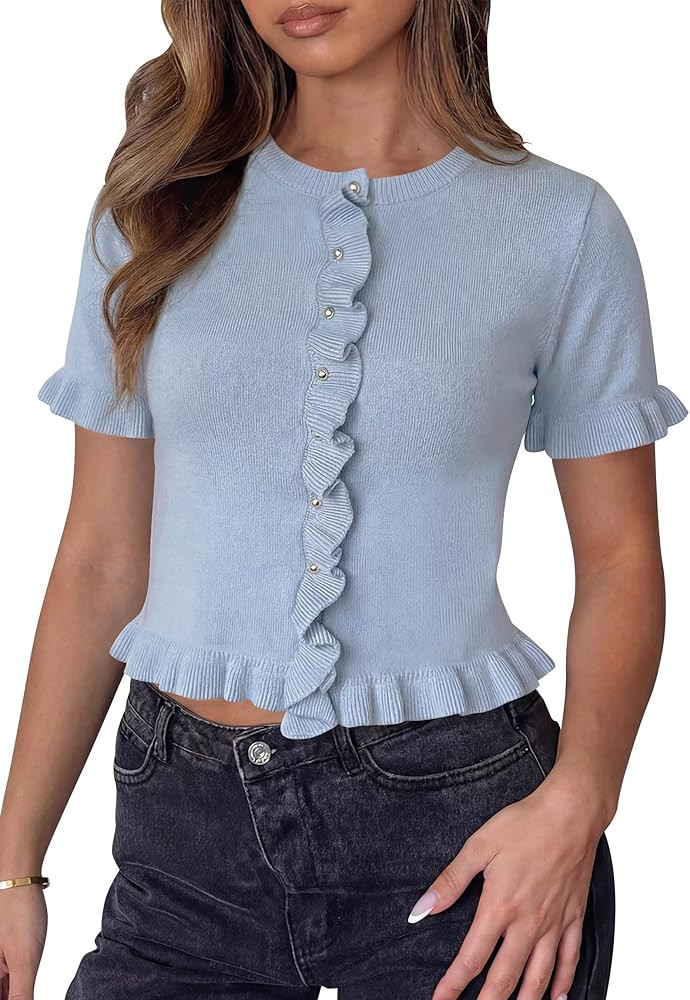Balimtoy Womens Short Sleeve Sweater Summer Button Down Ruffle Hem Knit Tops Cropped Scalloped Ca... | Amazon (US)