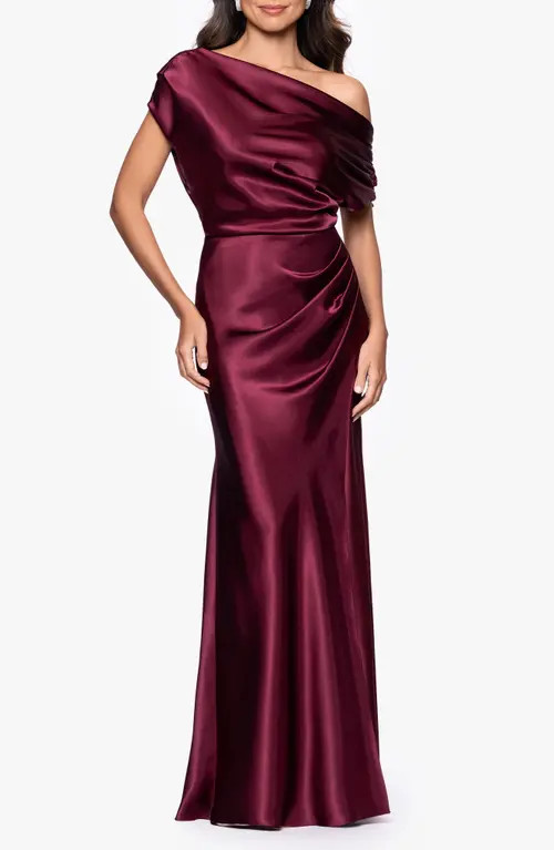 Betsy & Adam One-Shoulder Satin Sheath Gown in Burgundy at Nordstrom, Size 2 | Nordstrom