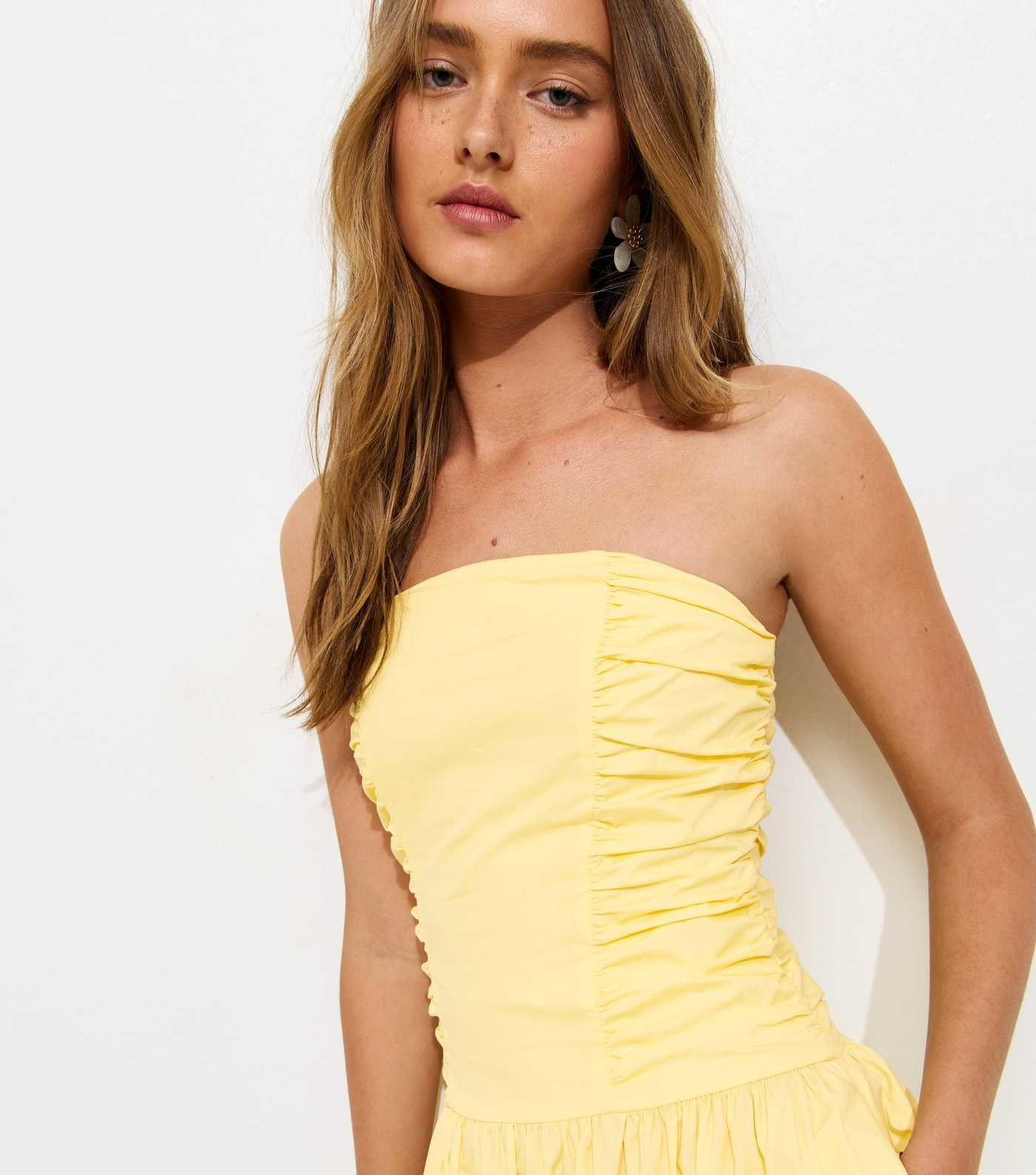 Light Yellow Bandeau Ruched A Line Midi Dress | New Look | New Look (UK)