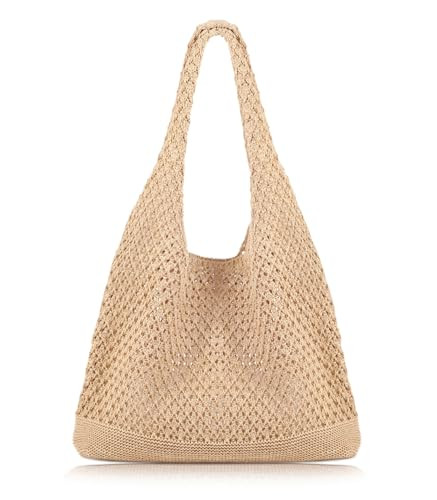 COOKOOKY Crochet Beach Tote bag Summer Beach Bag for Women Aesthetic Mesh Tote Bag Hippie Bag Knit Bag (B-khaki, Medium) | Amazon (US)