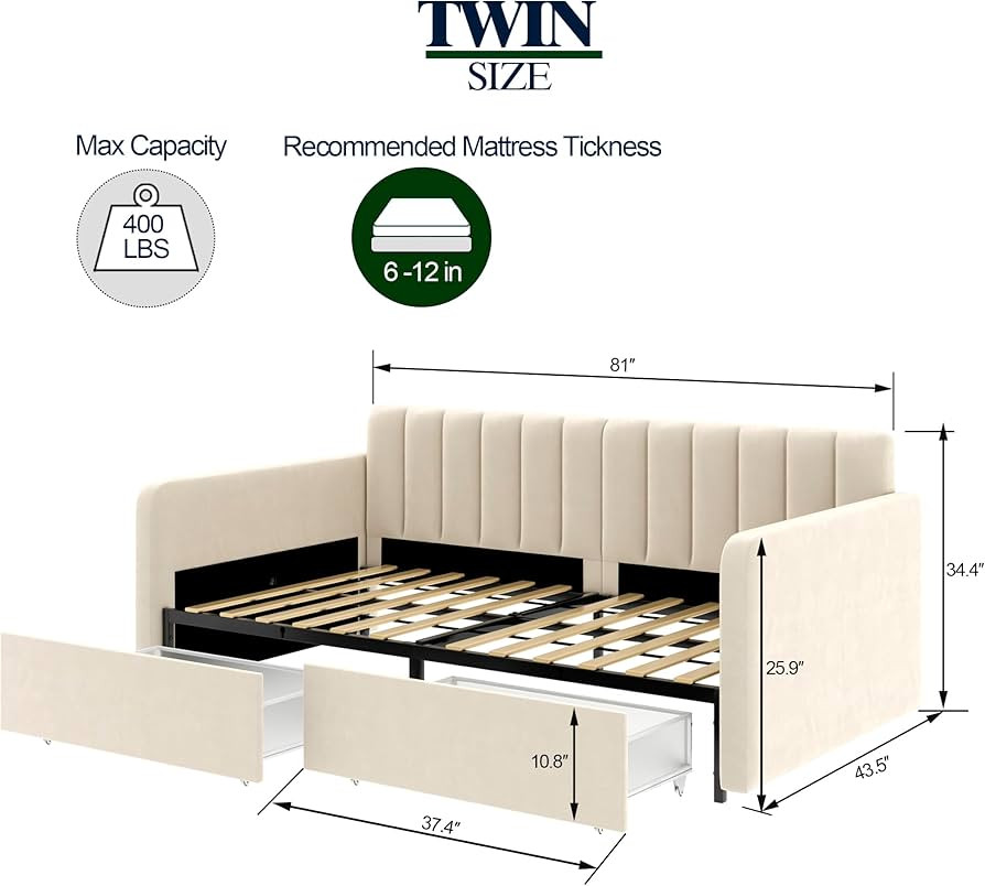 LifeSky Home Daybed Twin with Storage - Upholstered Day Bed Frame with Drawers - Modern Tufted fo... | Amazon (US)