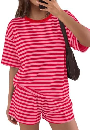 Panadila Womens Striped Short Sets 2 Piece Summer Matching Lounge Sets Short Sleeve T Shirts and ... | Amazon (US)