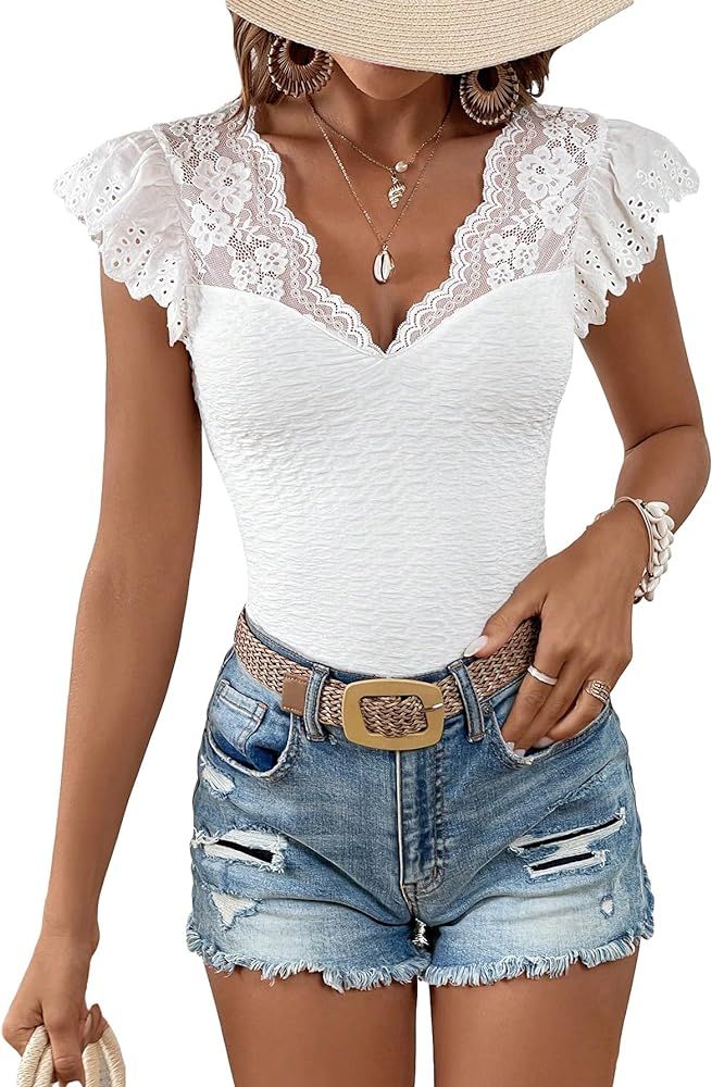 MakeMeChic Women's Solid V Neck Lace Sheer Shirt Ruffle Cap Sleeve Casual Tee Tops | Amazon (US)
