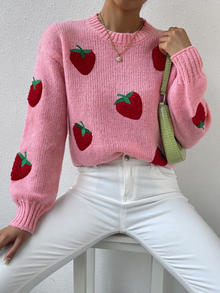 SHEIN Qutie Strawberry Embroidery Drop Shoulder Sweater | SHEIN