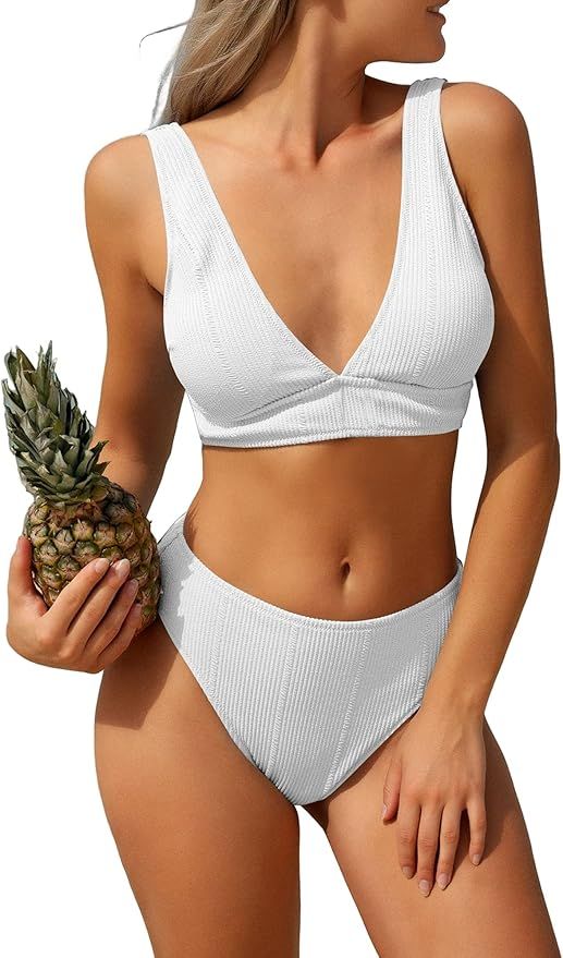 ZAFUL Womens Bikini Set V Neck High Waisted Crinkle Longline Plunge Bikini Two Piece Bathing Suit... | Amazon (US)