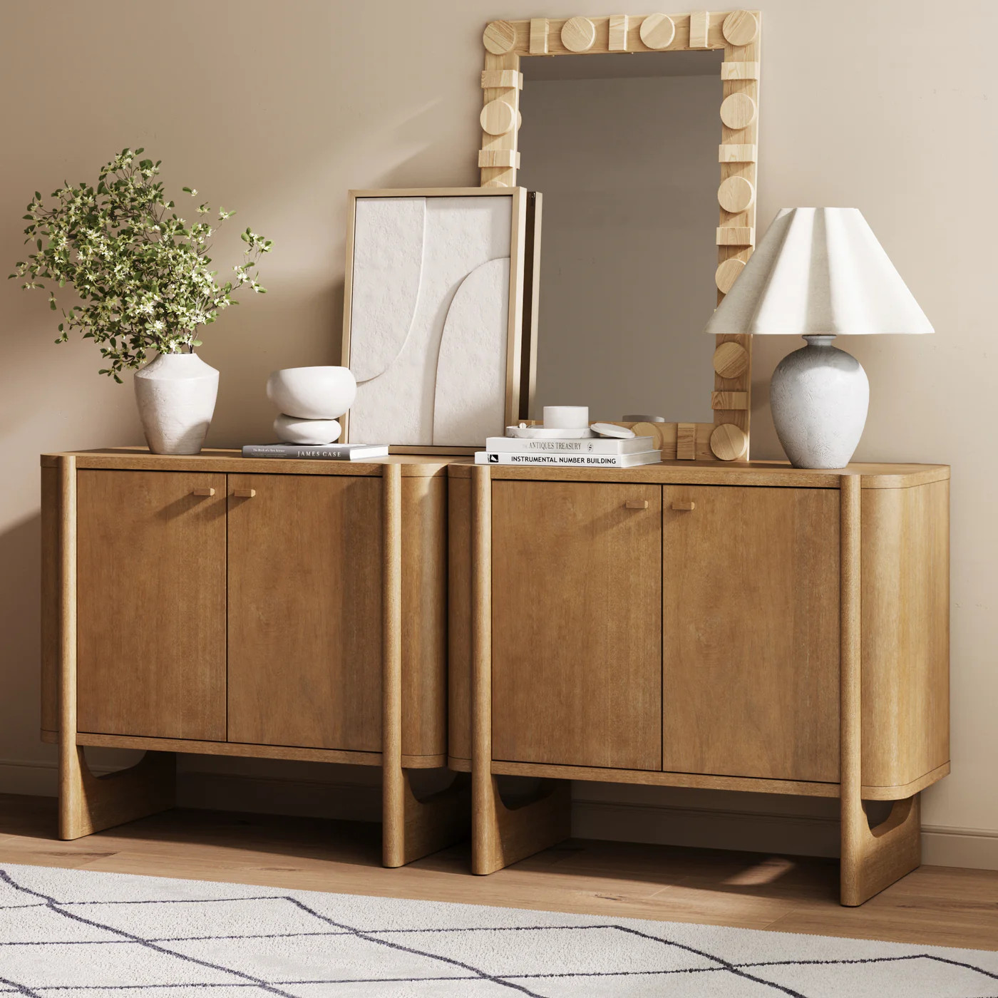 Mid-Century Modern Solid Wood Accent Cabinet Credenza Light Brown (Set of 2) | Nathan James