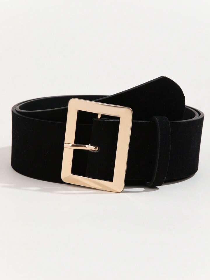 1pc Women's Fashionable Wide Belt With Velvet Decorations, Square Buckle, Gold-tone, Black Pu Lea... | SHEIN