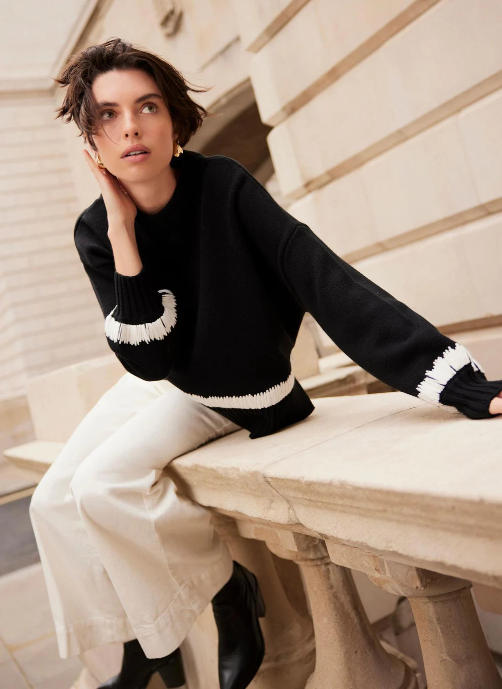 Black Cotton Blend Contrast Detail Jumper | Mint Velvet