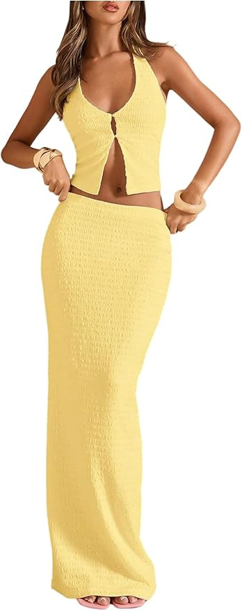 SOLY HUX Women's 2 Piece Evening Party Outfit Elegant Split Hem Halter Crop Top and Maxi Skirt Se... | Amazon (US)