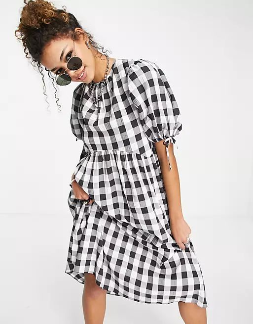 ASOS DESIGN gingham midi smock dress with puff sleeve and open back | ASOS (Global)