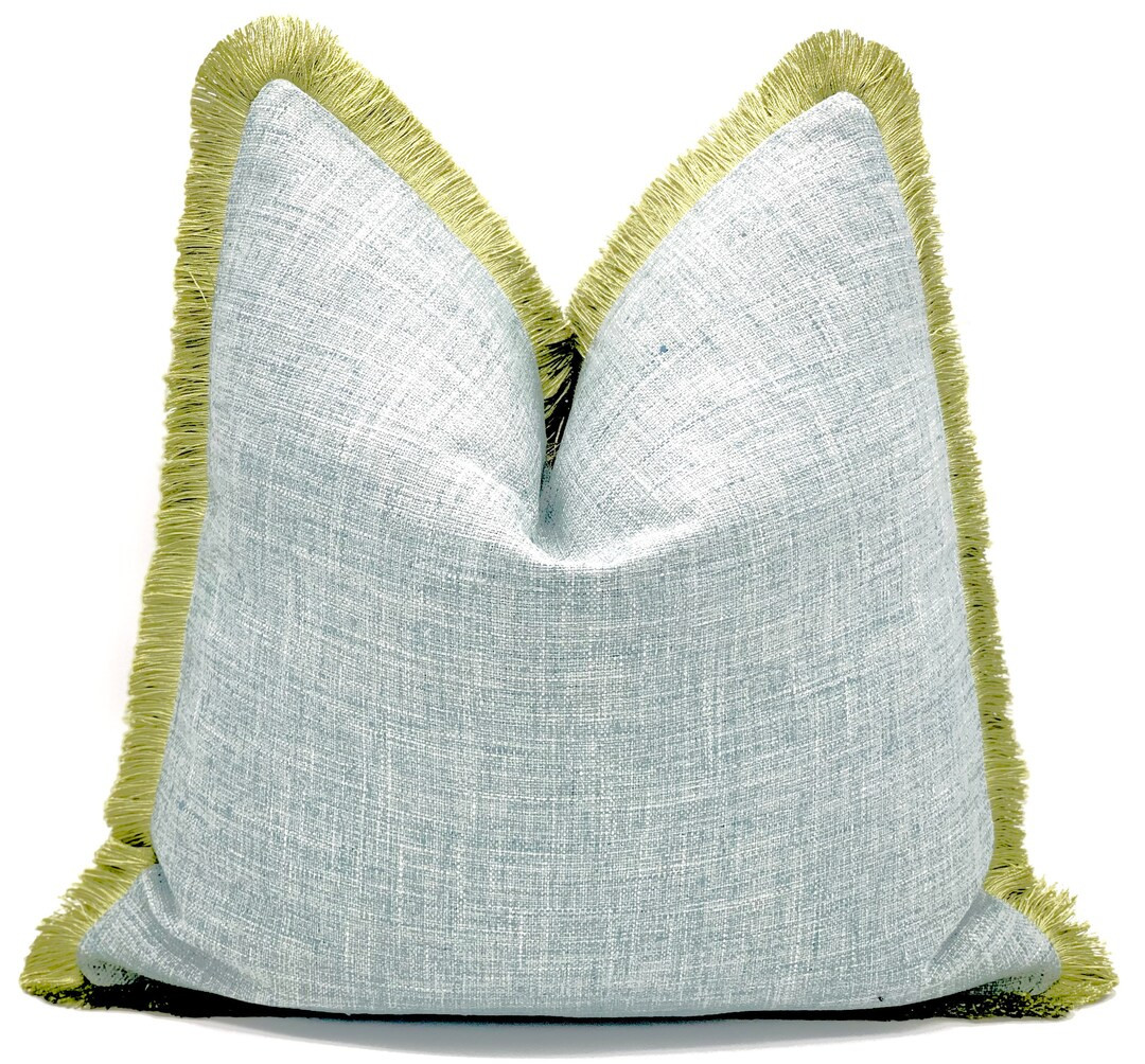 Mist blue throw pillow cover with green brushed fringe detail , mist blue pillow , decorative blu... | Etsy (US)