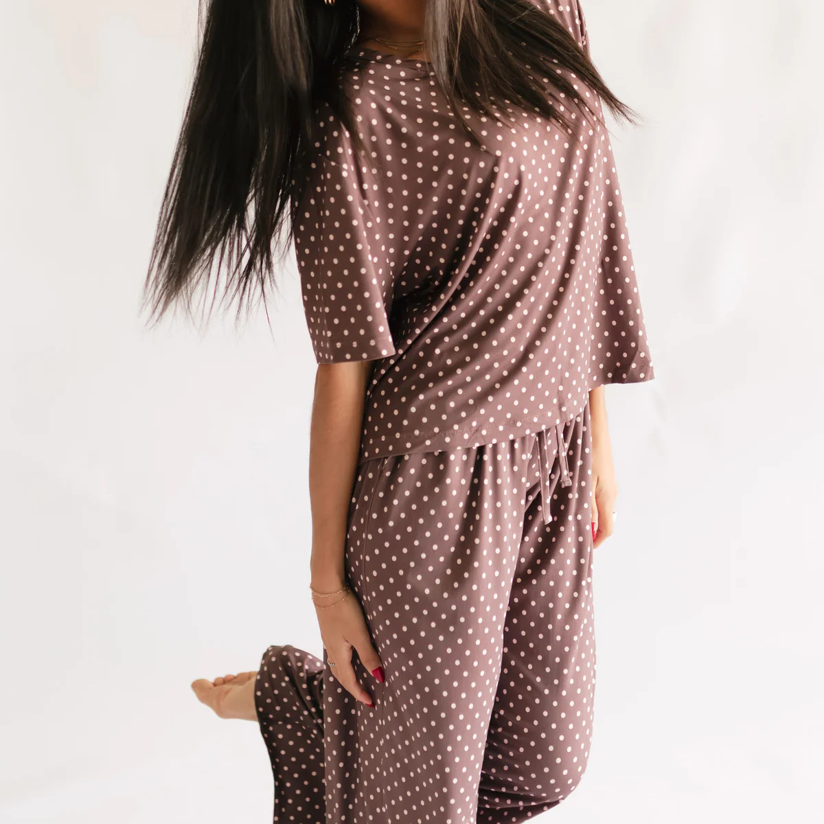 Women's T-Shirt and Pants Set in Brown & Pink Polka Dot | Silks Design