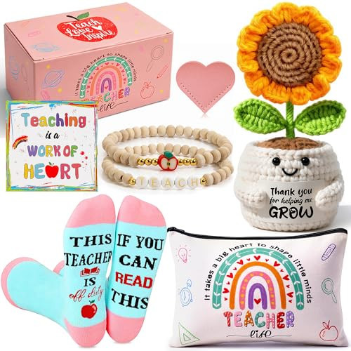 U-Goforst Teacher Appreciation Gifts for Women, Gifts for Teachers, Teacher Gifts Supplies with Makeup Bags Crochet Sunflower Bookmark Bracelet Socks for Teacher Appreciation | Amazon (US)