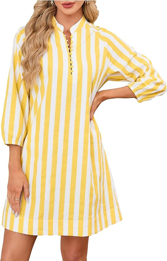 Womens Summer Cotton Striped Mini Dress Casual Beach Vacation Button Down 3/4 Sleeve Tunic Shift ... | Amazon (US)