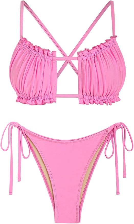 ZAFUL Women 2 Piece Strapless Bikini Swimsuits Ruffle Ribbed Bandeau Bikini Set High Cut Bathing ... | Amazon (US)