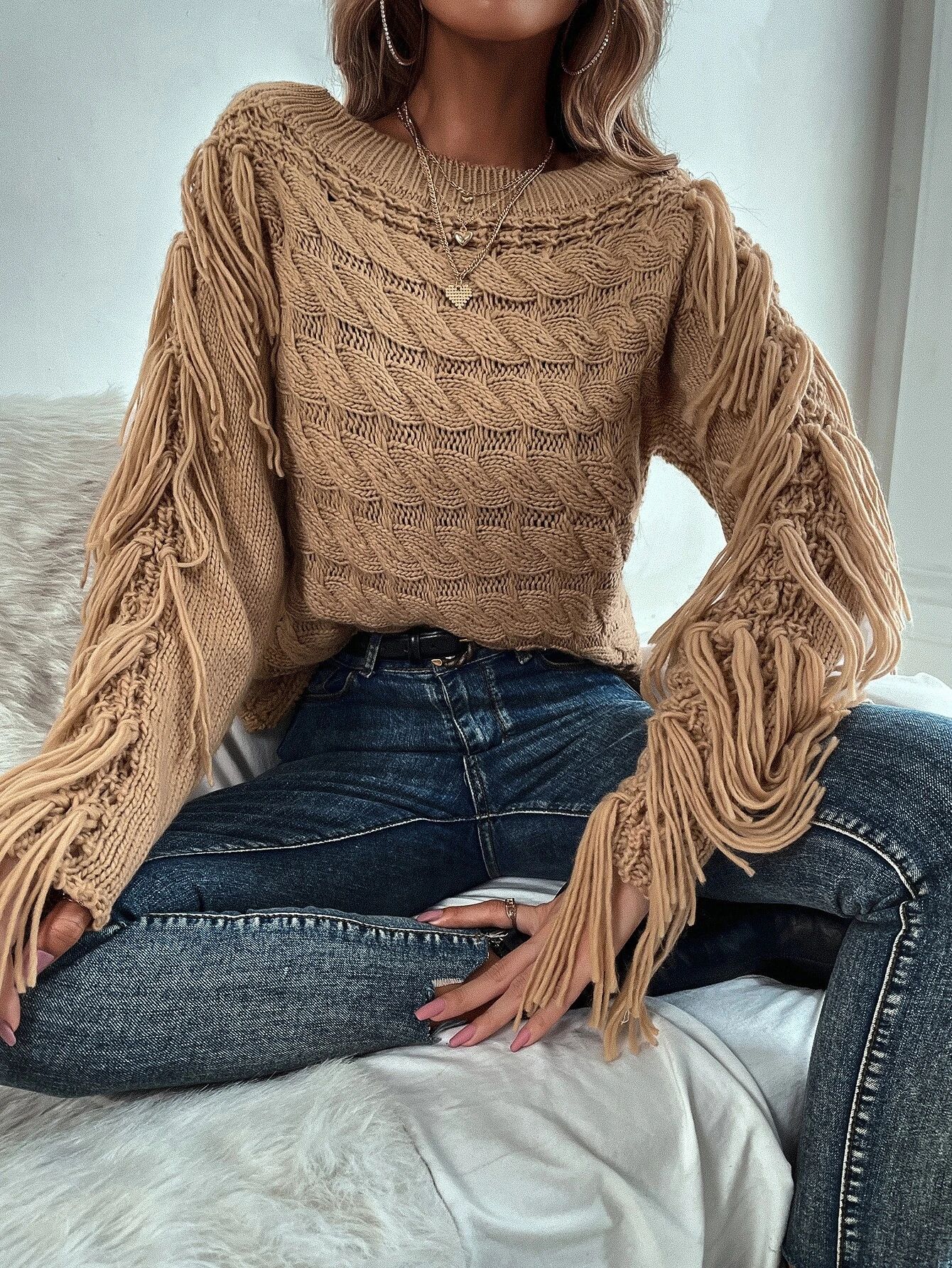 Tassel Trim Cable Knit Sweater | SHEIN