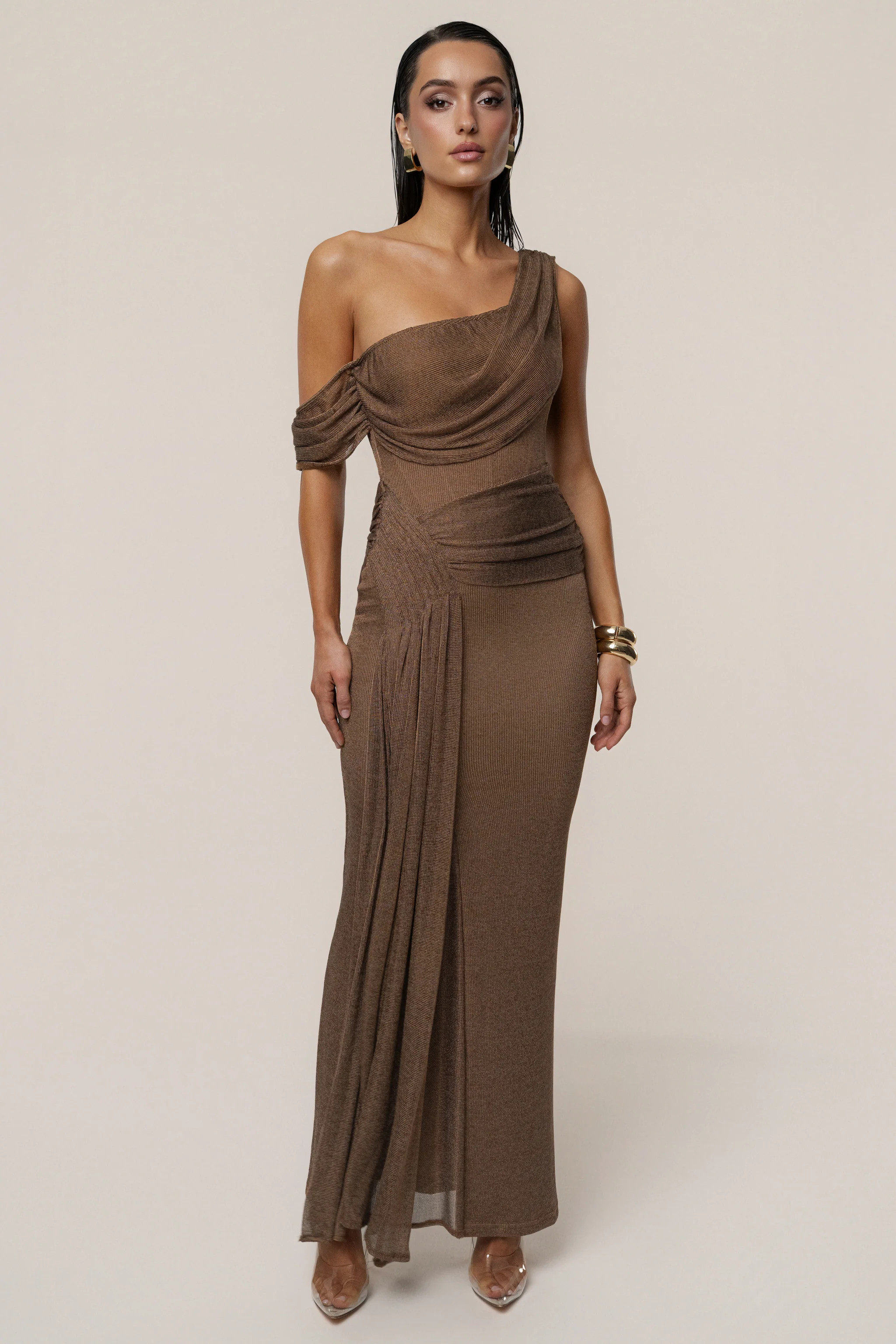 Bronze Draped Metallic Maxi Dress | JLUXLABEL US