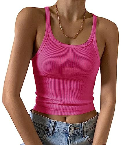 Artfish Women's Sleeveless Tank Top Form Fitting Scoop Neck Ribbed Knit Basic Cami Shirts Hot Pink, S | Amazon (US)