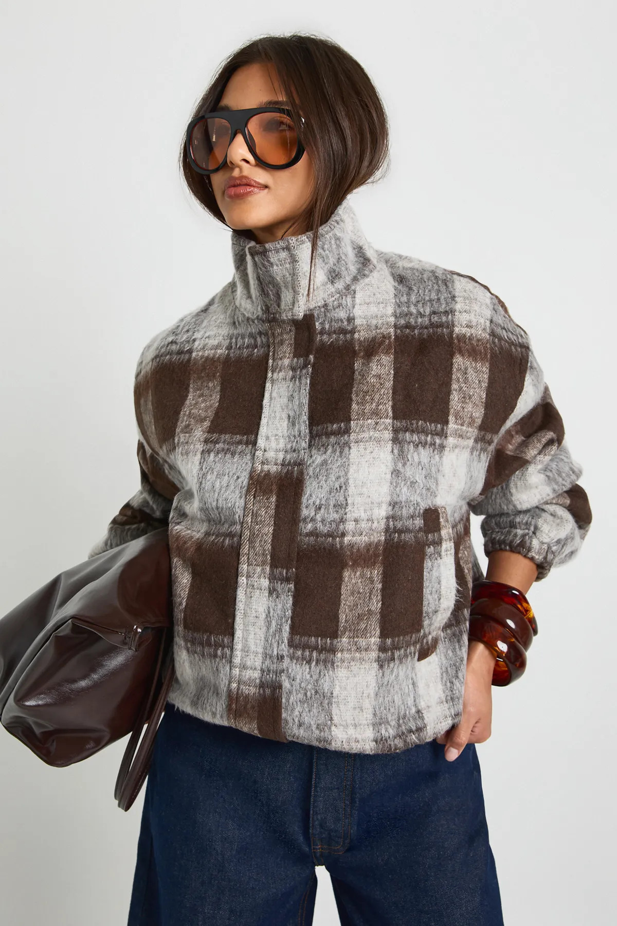 Funnel Neck Check Wool Look Bomber Jacket | boohoo (US & Canada)