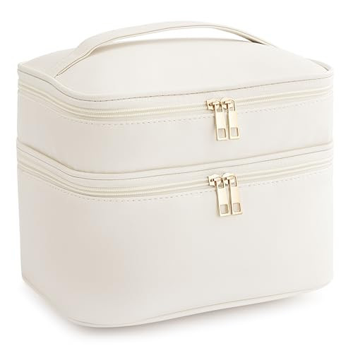 HBlife Double Layer Travel Makeup Bag Portable Cute Leather Cosmetic Bag Large Make Up Bag Makeup Case Organizer Toiletry Bag for Women Girls with Handle and Removable Divider(Beige) | Amazon (US)