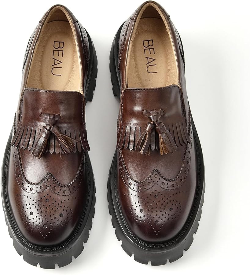 BEAU TODAY Chunky Loafers for Women, Women’s Leather Platform Loafers, Lug Sole Tassel Slip On ... | Amazon (US)