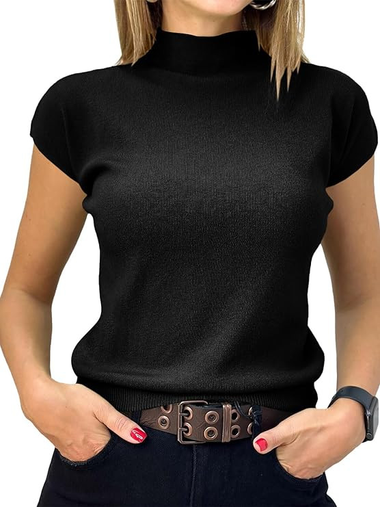 Saodimallsu Womens Short Sleeve Sweater Mock Neck Summer Basic Knit Tops | Amazon (US)