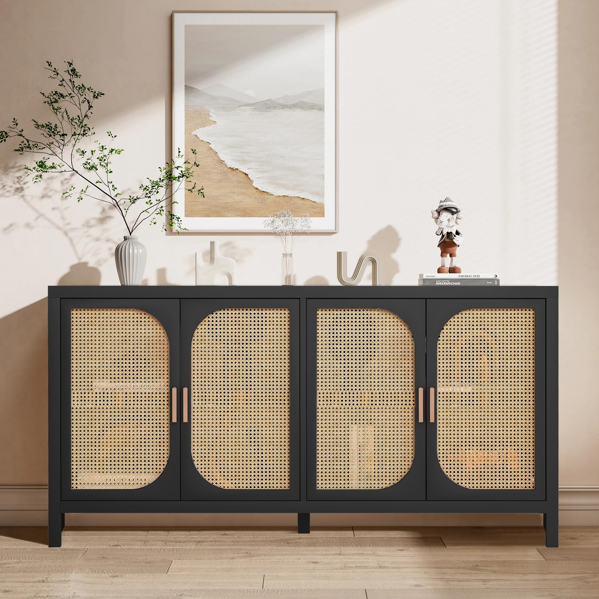 Rattan Sideboard Buffet Cabinet with Storage, Wooden Cabinet with 4 Doors Adjustable Shelves, for... | Amazon (US)