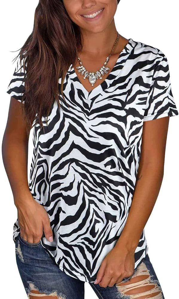 Adreamly Women's V Neck Short Sleeve Animal Print Summer Tops Basic T Shirts | Amazon (US)