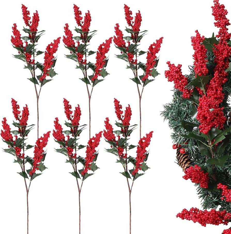 Zeyune 6 Pack Christmas Artificial Red Berry Stems 30.7" Simulation Faux Red Berry Branch Artific... | Amazon (US)