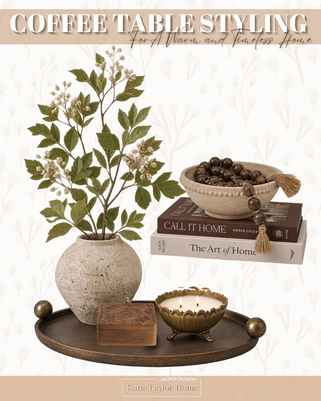 A coffee table is one of those places where a few small styling decisions can completely change how the whole living room feels.

For this guide, I focused less on filling the surface and more on creating layers with different heights, shapes and materials. The taller vase and stems give the arrangement some height, the tray grounds the smaller pieces, and the books create another level for styling without adding another large object. Then the smaller details—the carved wood box, aged brass candle and decorative bowl with beads—bring in the texture that keeps a neutral palette from falling flat.

And I think that last part makes such a difference. When most of your colors are warm and neutral, you don’t necessarily need more decor—you need enough variation between wood, stone, metal, glass, greenery and textiles to make those neutrals feel collected.

You also don’t have to keep every piece contained inside one tray. I like letting the books sit separately so the styling stretches across the table while still leaving open space between the groupings. It feels a little more natural and less like one perfectly arranged centerpiece.

Swipe to see how this could look styled in a real space.

I linked the pieces below so you can recreate the full look or pull a few ideas from it for your own coffee table.

#LTKHome