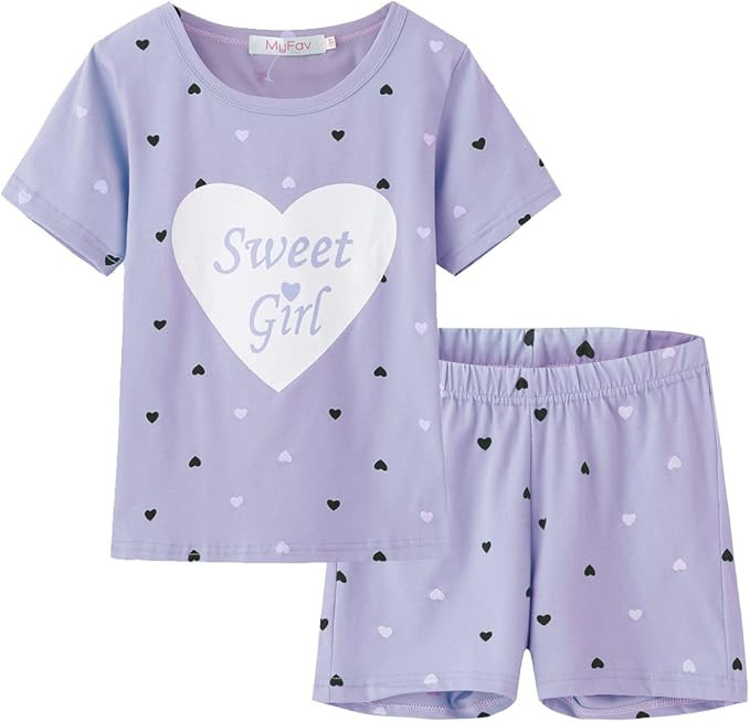 MyFav Big Girls Summer Pajama Set Heart Shape Printed Cute Sleepwear Shorts | Amazon (US)