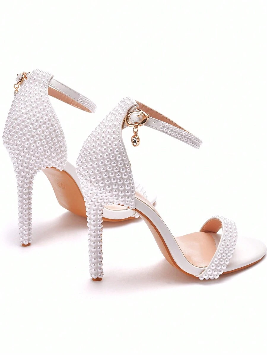 11cm White Pearl Bridal Sandals, Fashion Riveted Pearl Open Toe Thin High Heel Sandals, Bride Wed... | SHEIN