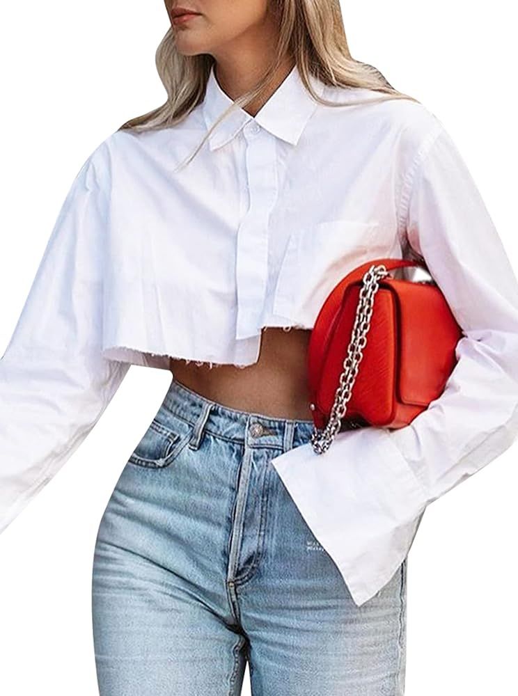 Remidoo Women's Asymmetrical Hem Long Sleeve Button Up Shirt Crop Top Blouse | Amazon (US)