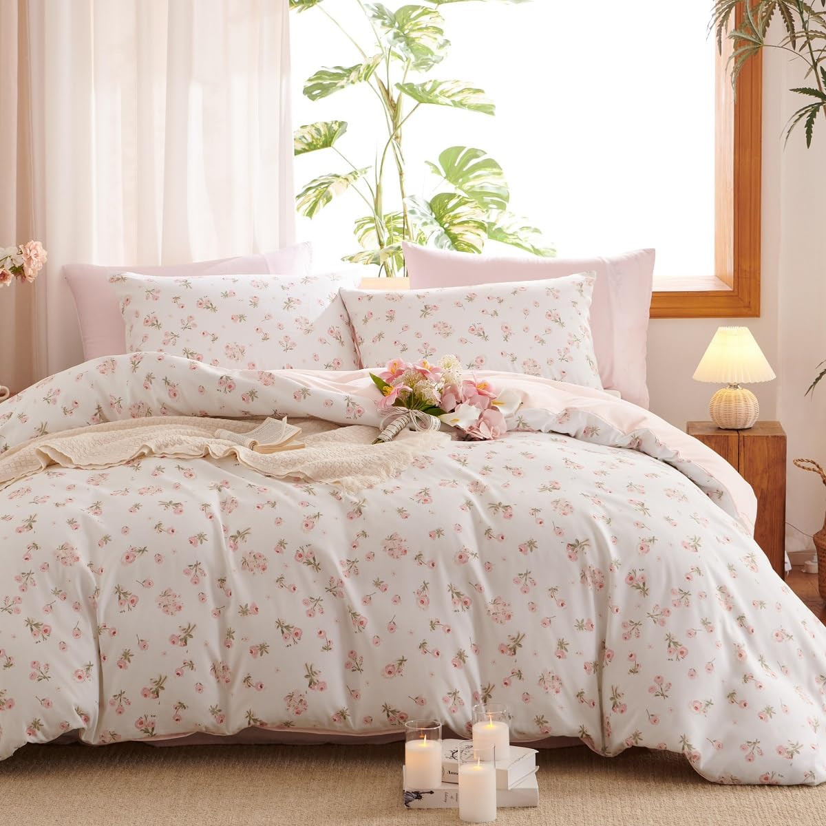 Floral Comforter Set Queen Size - 3 Pieces Pink White Floral Comforter Bedding Sets Reversible Pa... | Amazon (US)