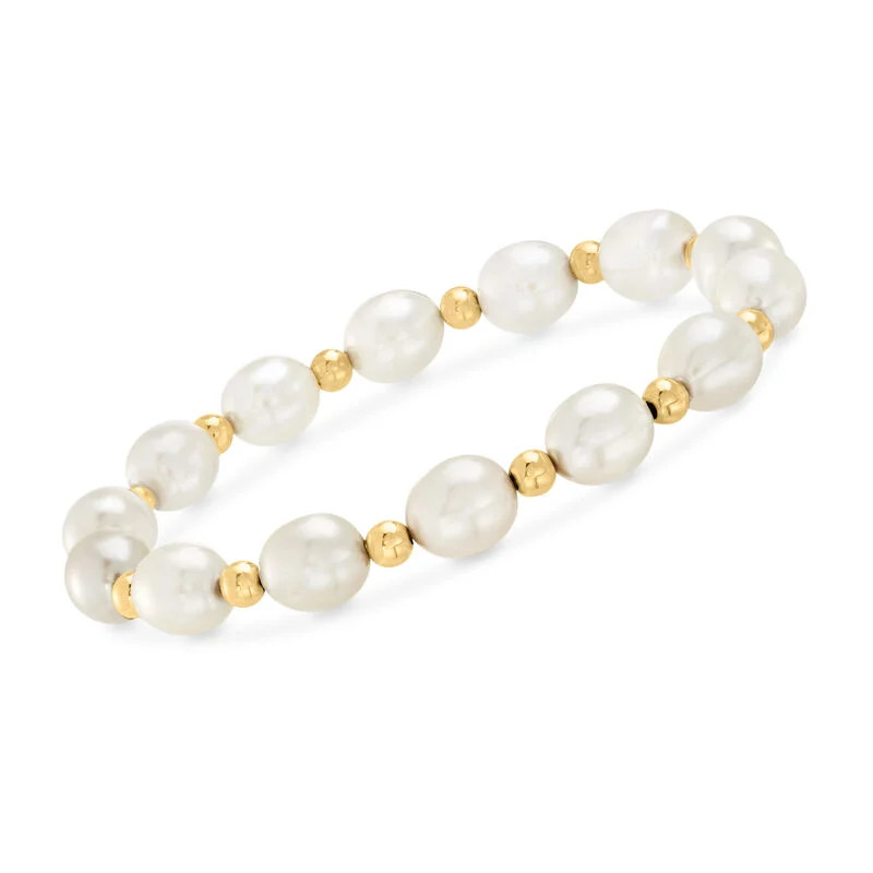 8-9mm Cultured Pearl and 14kt Yellow Gold Bead Stretch Bracelet | Ross-Simons