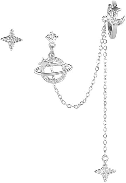 Planet CZ Moon Star Ear Cuff Wrap Clip On Crawler Climber Hoop 925 Sterling Silver Post Stud Chai... | Amazon (US)