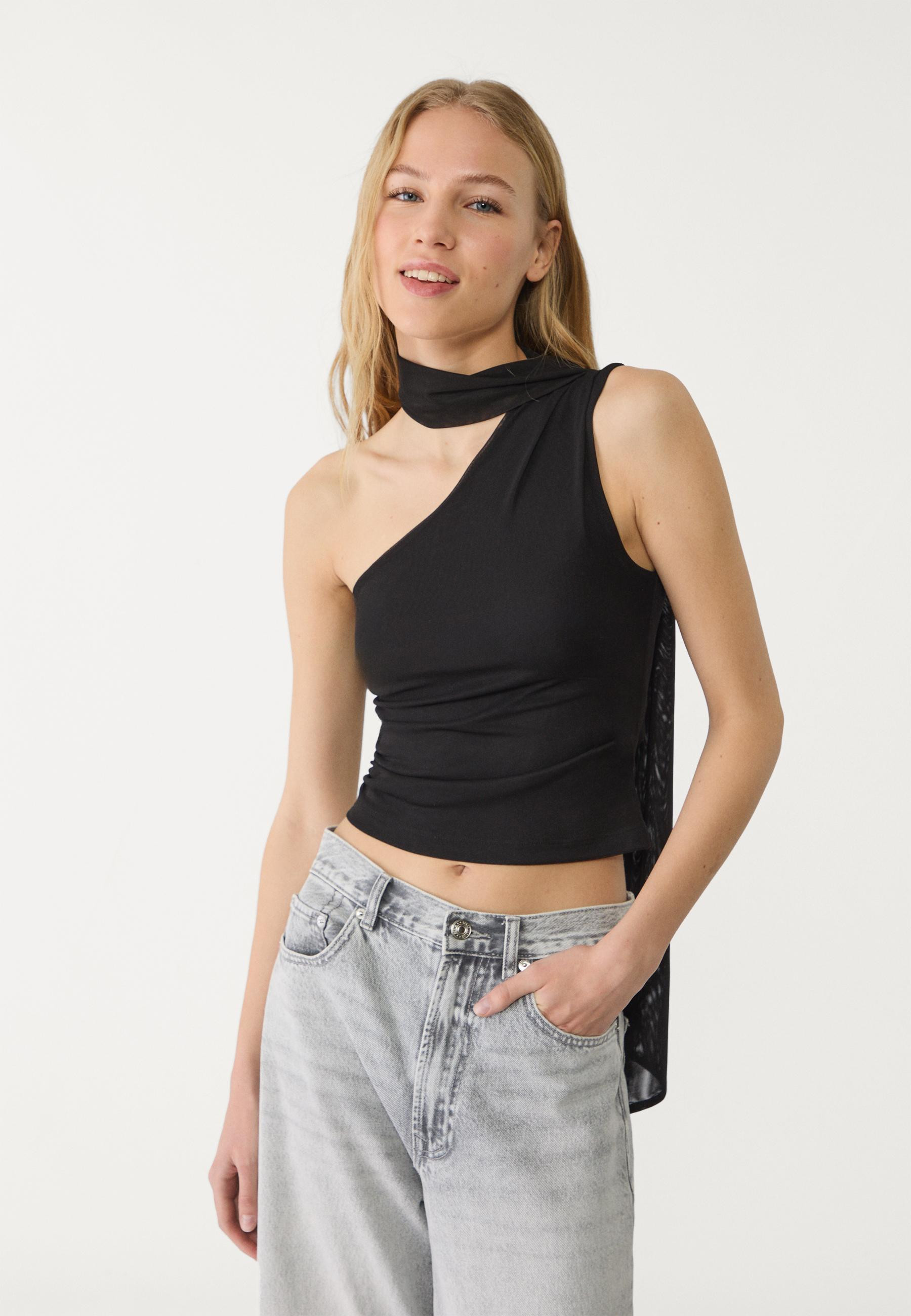 Asymmetric tulle top with scarf - Women's fashion | Stradivarius United Kingdom | Stradivarius (UK)