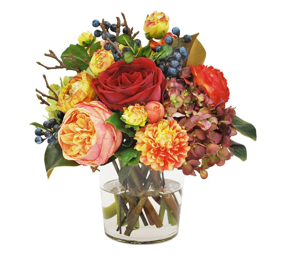 Faux Mixed Fall Hydrangea and Rose in Cylinder Vase | Pottery Barn (US)