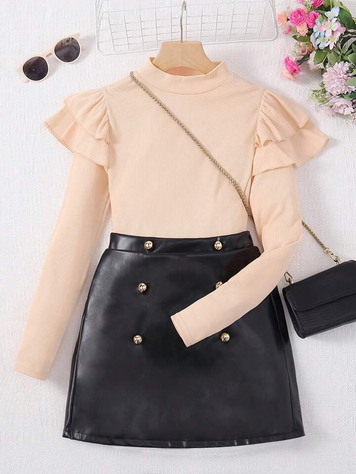 SHEIN Teen Girl Ruffle Trim Tee & PU Skirt | SHEIN