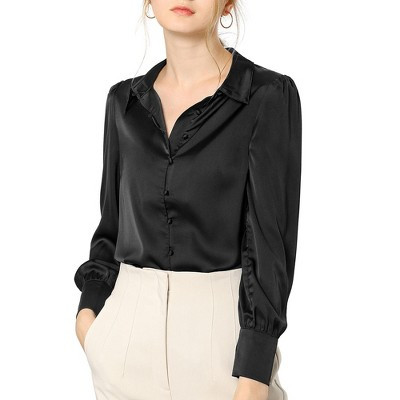 INSPIRE CHIC Women's Satin Puff Sleeve Point Collar Vintage Button Up Shirt Medium Black | Target