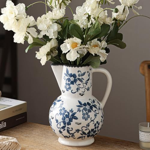 Blue and White Vintage Vase with Handle, Ceramic Chinoiserie Floral Pitcher Vase, Blue Large Vases for Home Decor Living Room, Rustic Table Centerpiece Grand Millennial and Tuscan Decor 8.7 Inch | Amazon (US)