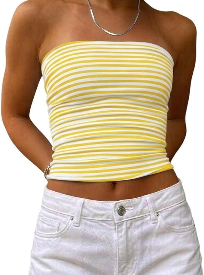 Women Cute Striped Tube Tops Y2K Aesthetic Strapless Bandeau Sleeveless Backless Crop Top Casual ... | Amazon (US)