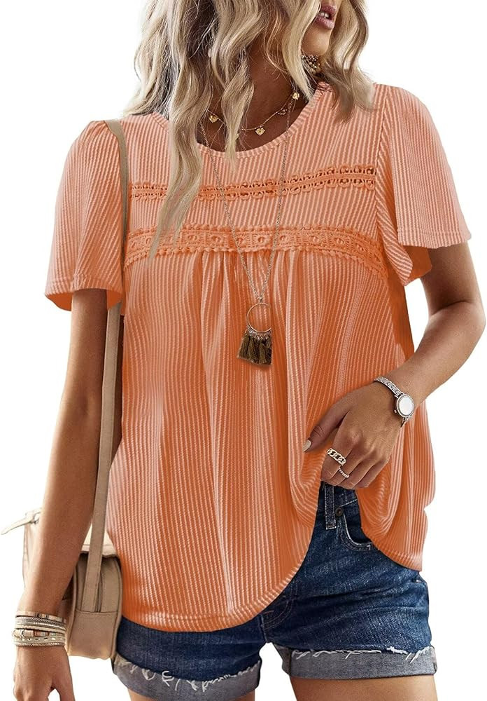 Womens Summer Tops Crewneck Short Sleeve Striped Shirts Casual Ribbed Blouses Flowy Hem Boho Clot... | Amazon (US)