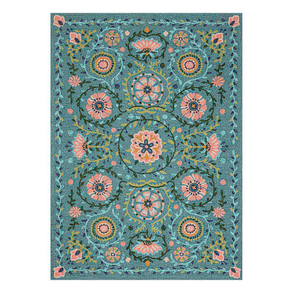 (E564) Santa Monica Suzani Teal & Pink Outdoor Area Rug, 5x7 | At Home