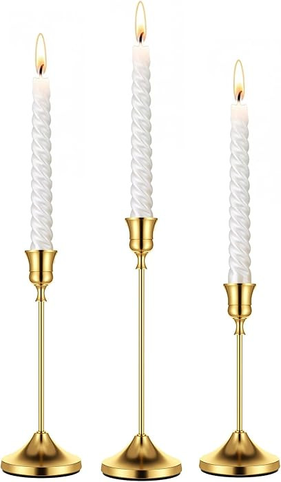 Gold Taper Candle Holders for Pillar Candles, Brass Candlestick Holders, Skinny Candle Holder Decor for centros de mesa Table Centerpiece | Amazon (US)