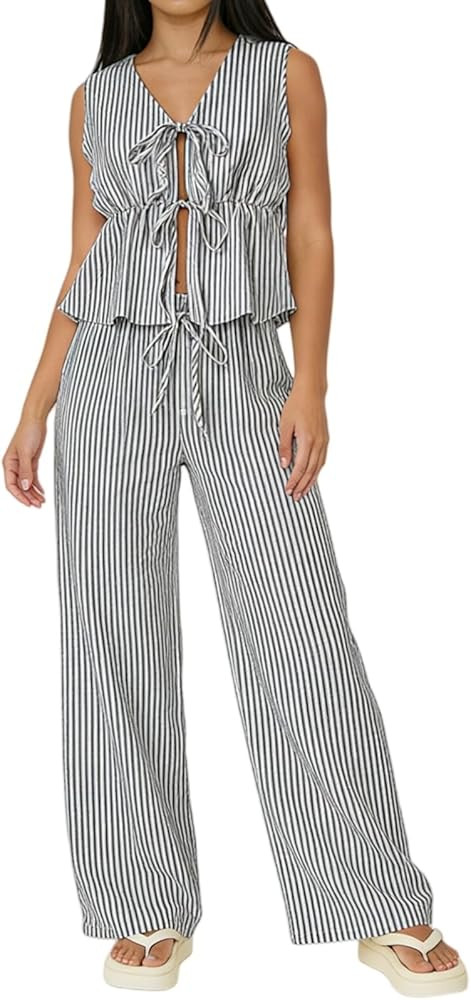 Women's 2 Piece Outfits Striped Bow Tie Front Sleeveless Peplum Tank Top and Wide Leg Pants Sets ... | Amazon (US)