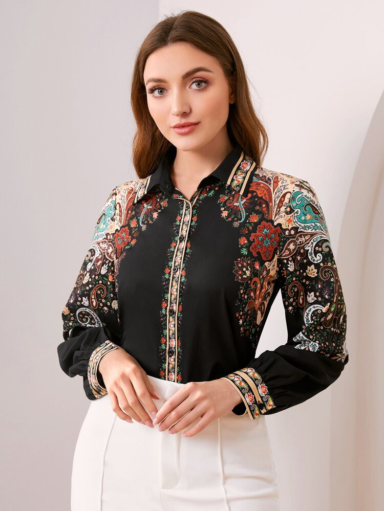 SHEIN Paisley & Floral Print Button Through Shirt | SHEIN