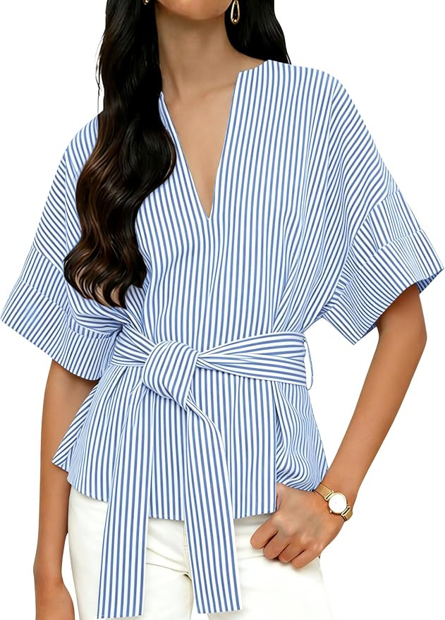 Yidarer Women's Summer Striped Blouse V Neck Short Sleeve Tie Knot Front Tops 2026 Casual Shirts | Amazon (US)