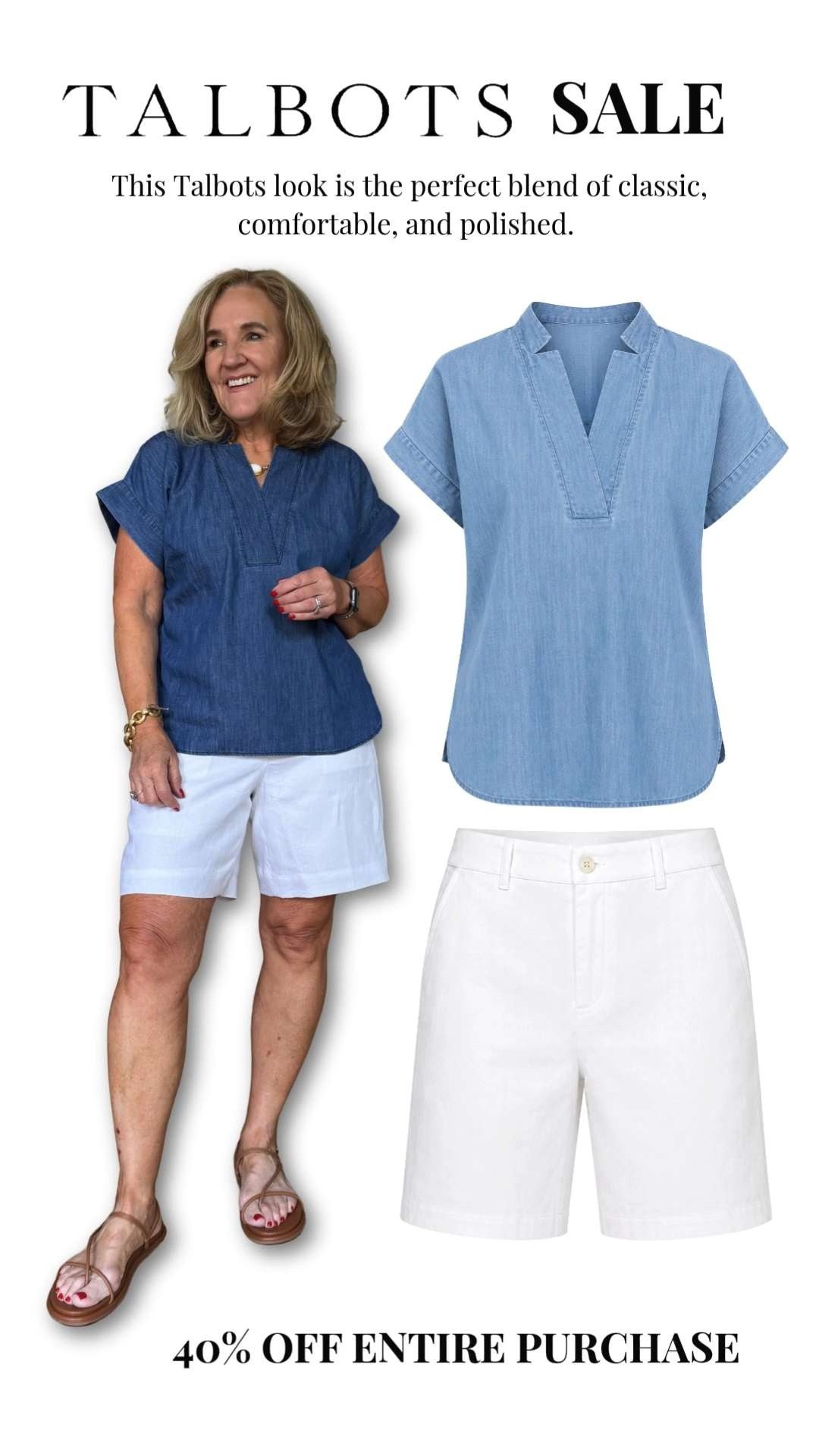 This Talbots look is easy, comfortable, and effortlessly chic. I love how the soft denim-inspired top pairs with crisp white shorts for a timeless warm-weather outfit that works for travel, casual weekends, and everyday wear. 

Talbots is offering 40% OFF your entire purchase right now! 

 #LTKootd #LTKOver40 #LTKSaleAlert