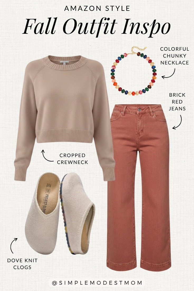 Cozy fall vibes are in full swing 🍂 Loving these burnt red high-waist wide leg denim pants paired with the softest cropped crewneck sweater. Added a pop of fun with a colorful chunky gemstone necklace and slipped on my dove knit clogs from Project Cloud—so comfy for all-day wear. Simple, warm, and just the right amount of playful for crisp autumn days!￼

#LTKootd #LTKSeasonal #LTKgrwm